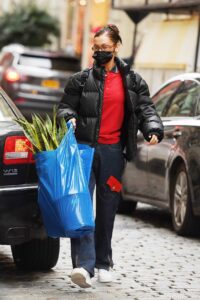 Bella Hadid in a Black Puffer Jacket