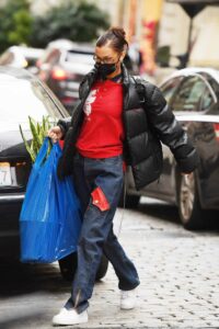 Bella Hadid in a Black Puffer Jacket