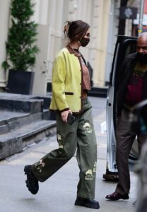 Bella Hadid in an Olive Pants