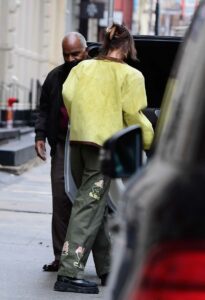 Bella Hadid in an Olive Pants