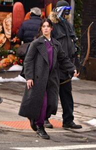 Hailee Steinfeld in a Grey Checked Coat