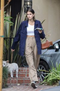 Kaia Gerber in a Beige Pants