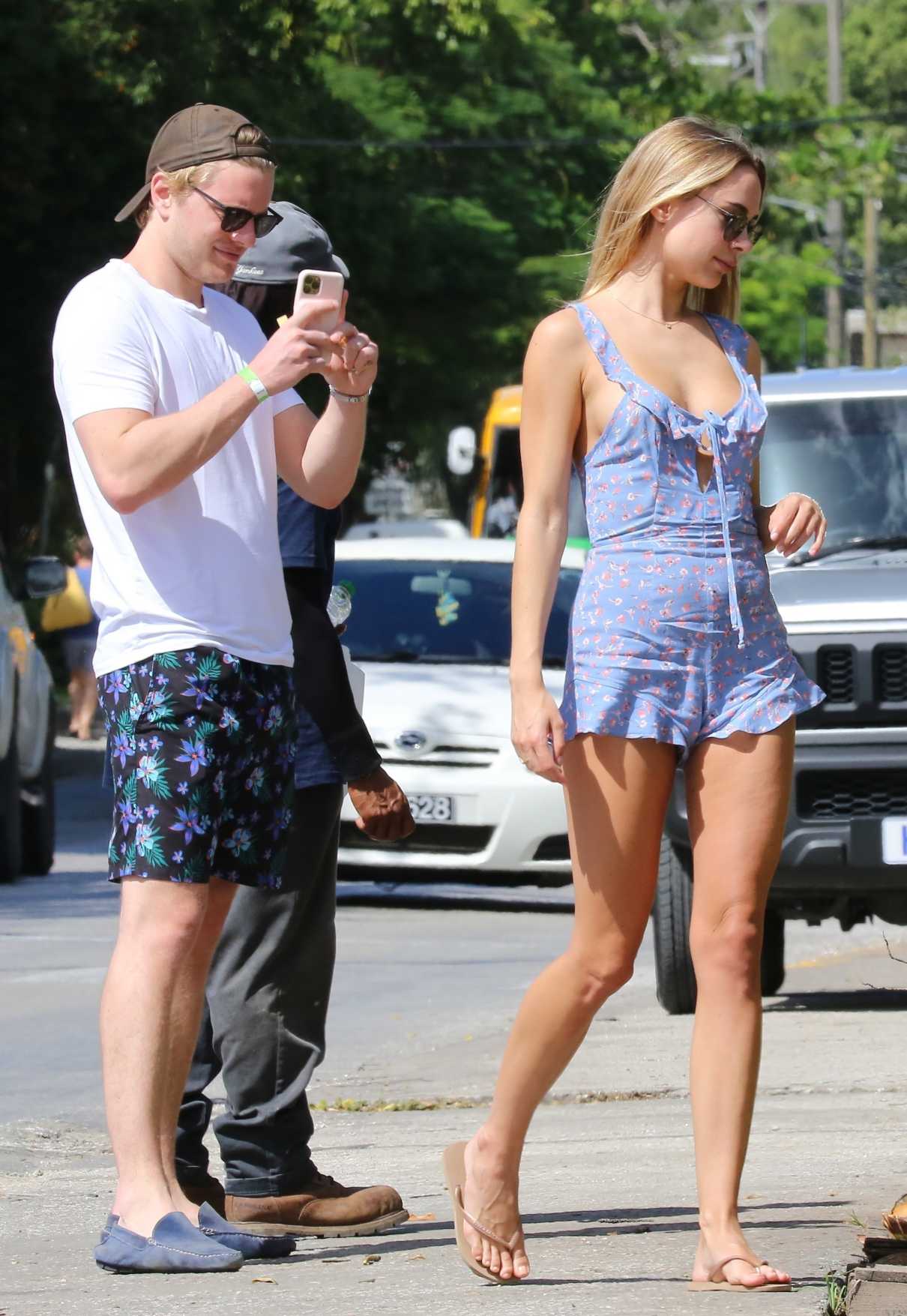 Kimberley Garner in a Blue Floral Shorts Jumpsuit