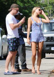 Kimberley Garner in a Blue Floral Shorts Jumpsuit