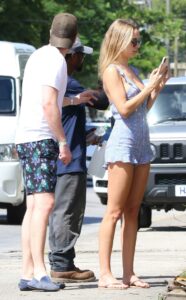 Kimberley Garner in a Blue Floral Shorts Jumpsuit