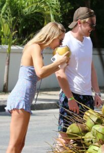 Kimberley Garner in a Blue Floral Shorts Jumpsuit