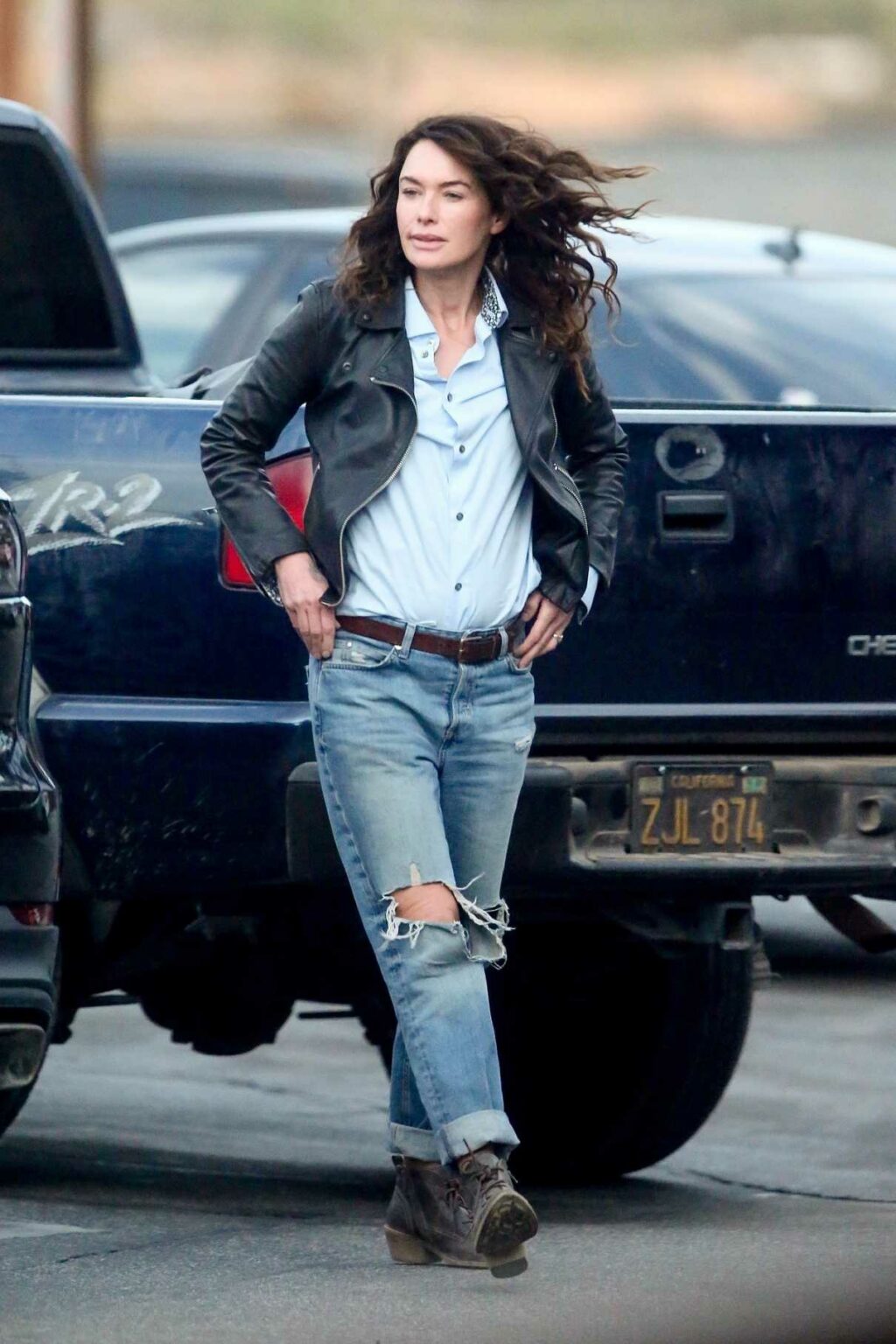 Lena Headey in a Black Leather Jacket on the Set of the Gypsy Moon in