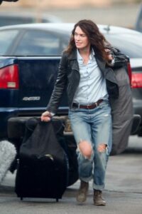 Lena Headey in a Black Leather Jacket