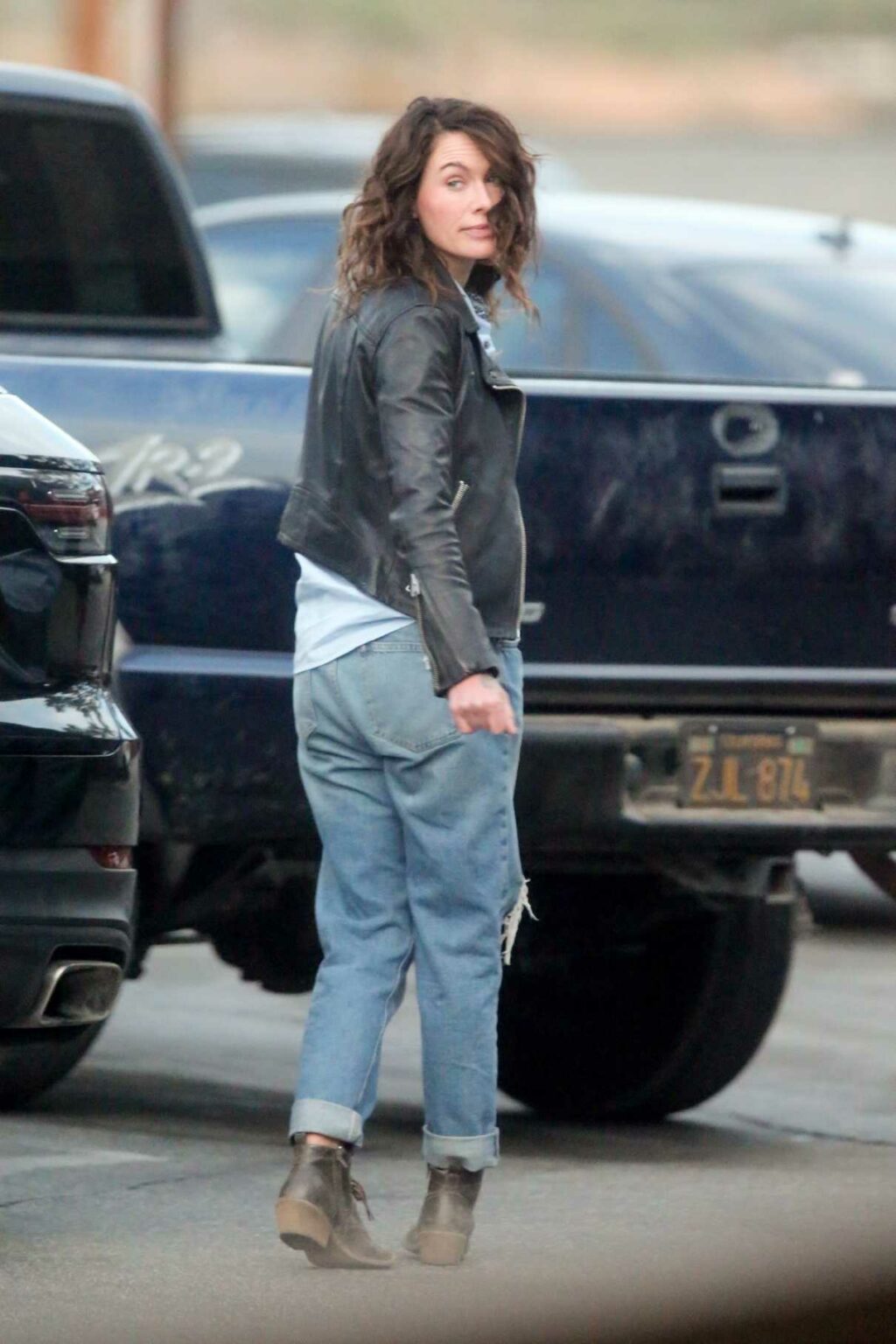 Lena Headey in a Black Leather Jacket on the Set of the Gypsy Moon in