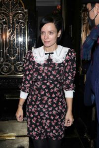 Lily Allen in a Black Floral Dress