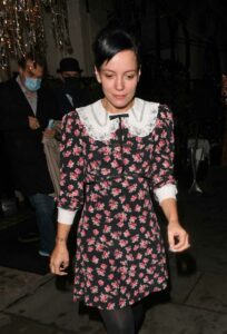 Lily Allen in a Black Floral Dress