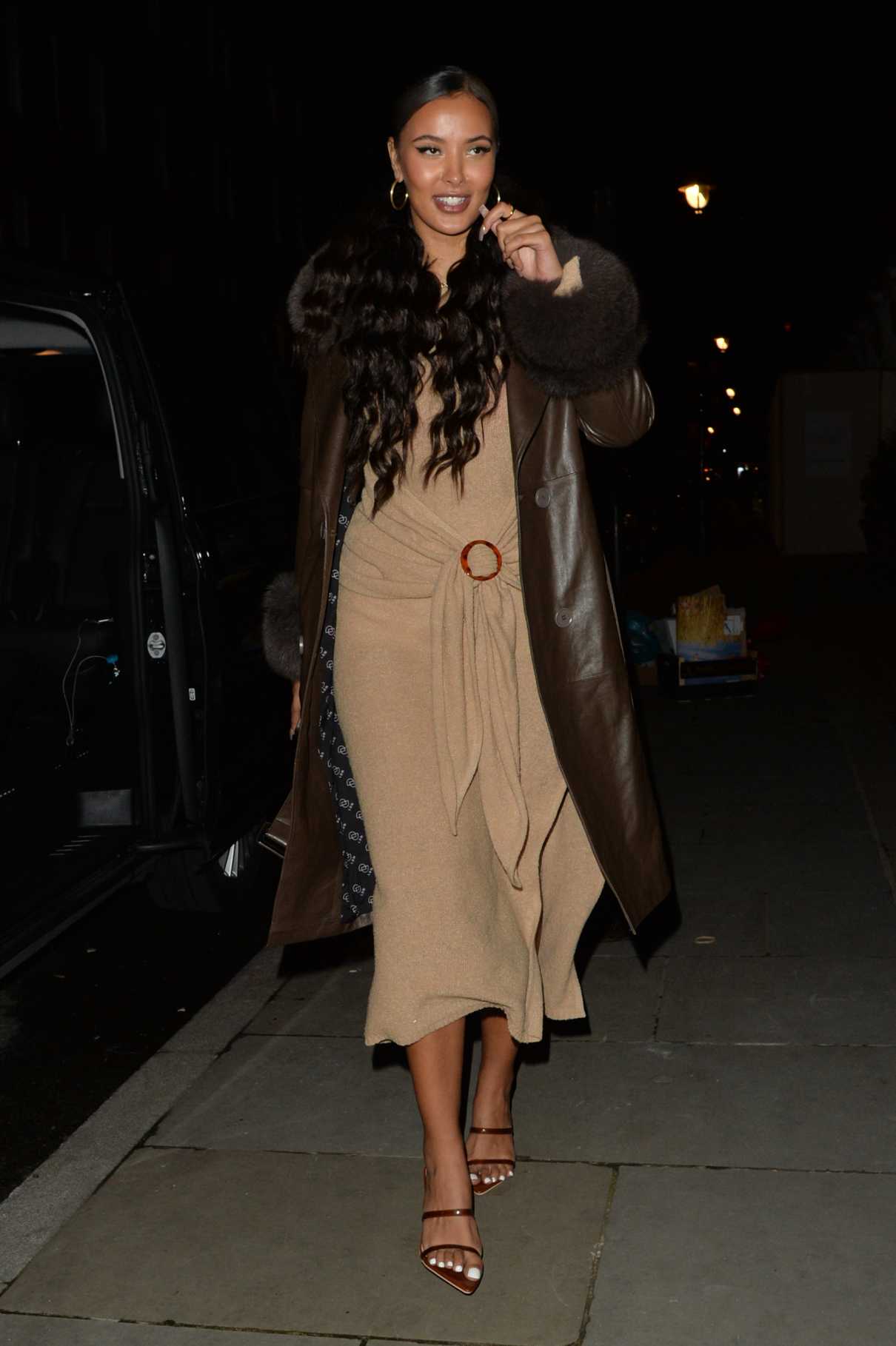 Maya Jama in a Brown Leather Coat