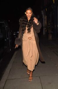 Maya Jama in a Brown Leather Coat