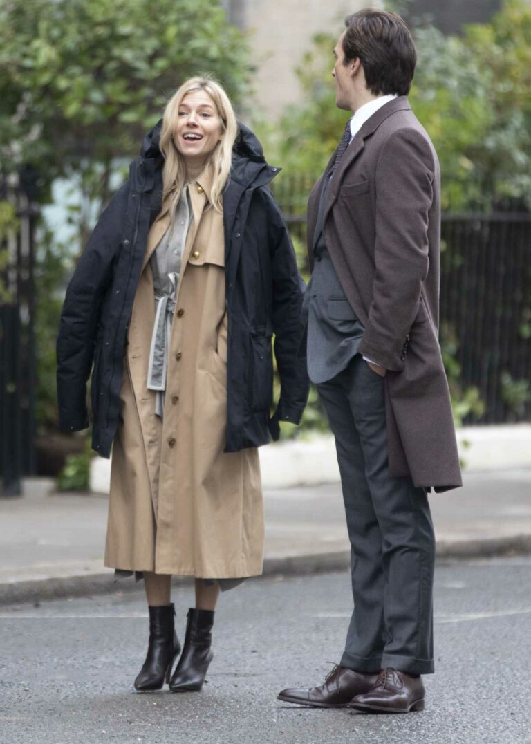 Sienna Miller in a Beige Trench Coat on the Set of Anatomy of A Scandal