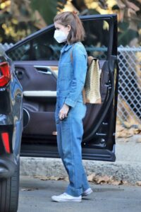 Kate Mara in a Blue Denim Jumpsuit