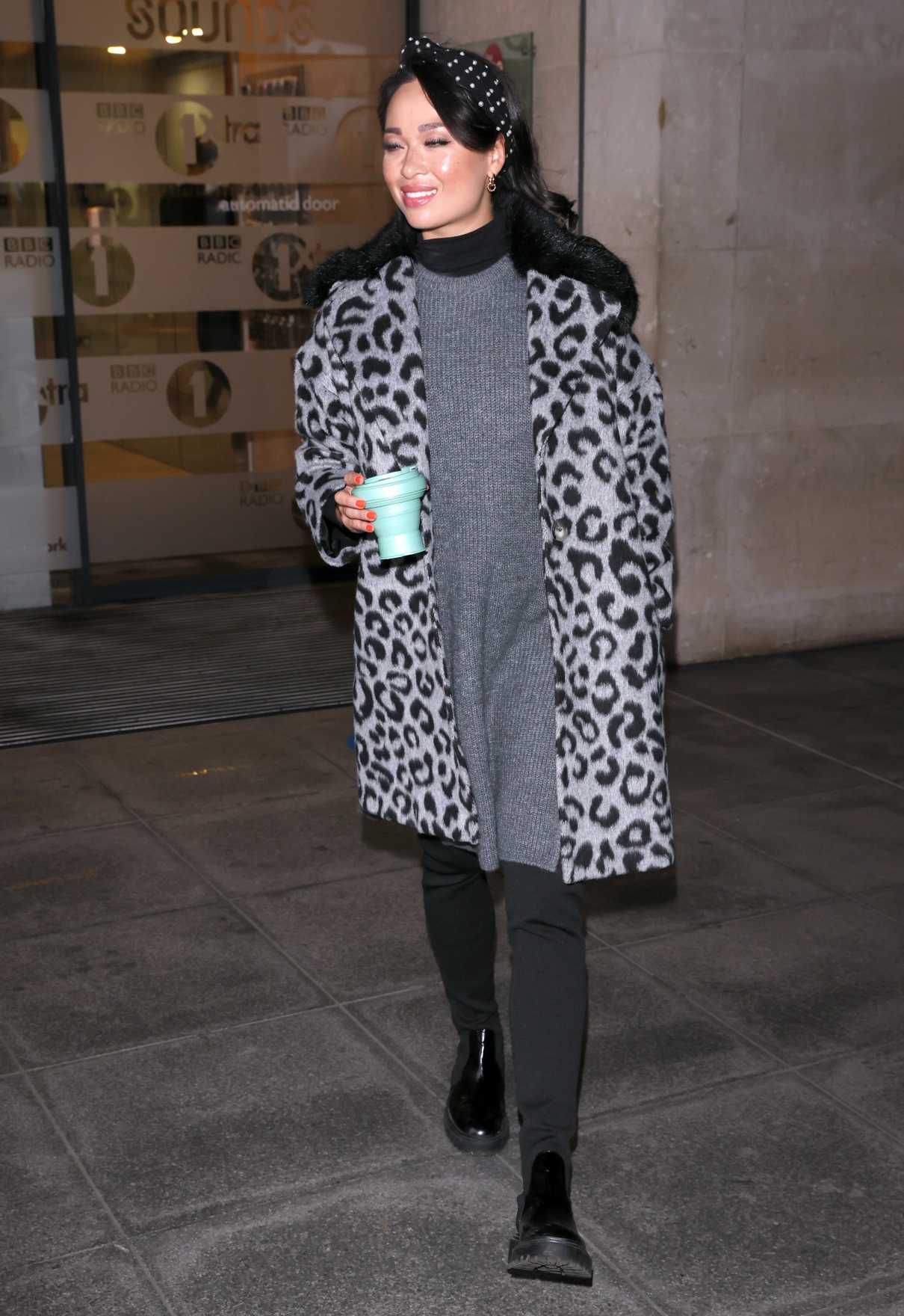 Katya Jones in a Grey Animal Print Fur Coat