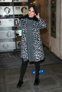 Katya Jones in a Grey Animal Print Fur Coat