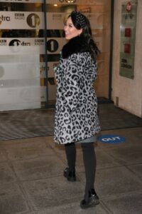 Katya Jones in a Grey Animal Print Fur Coat