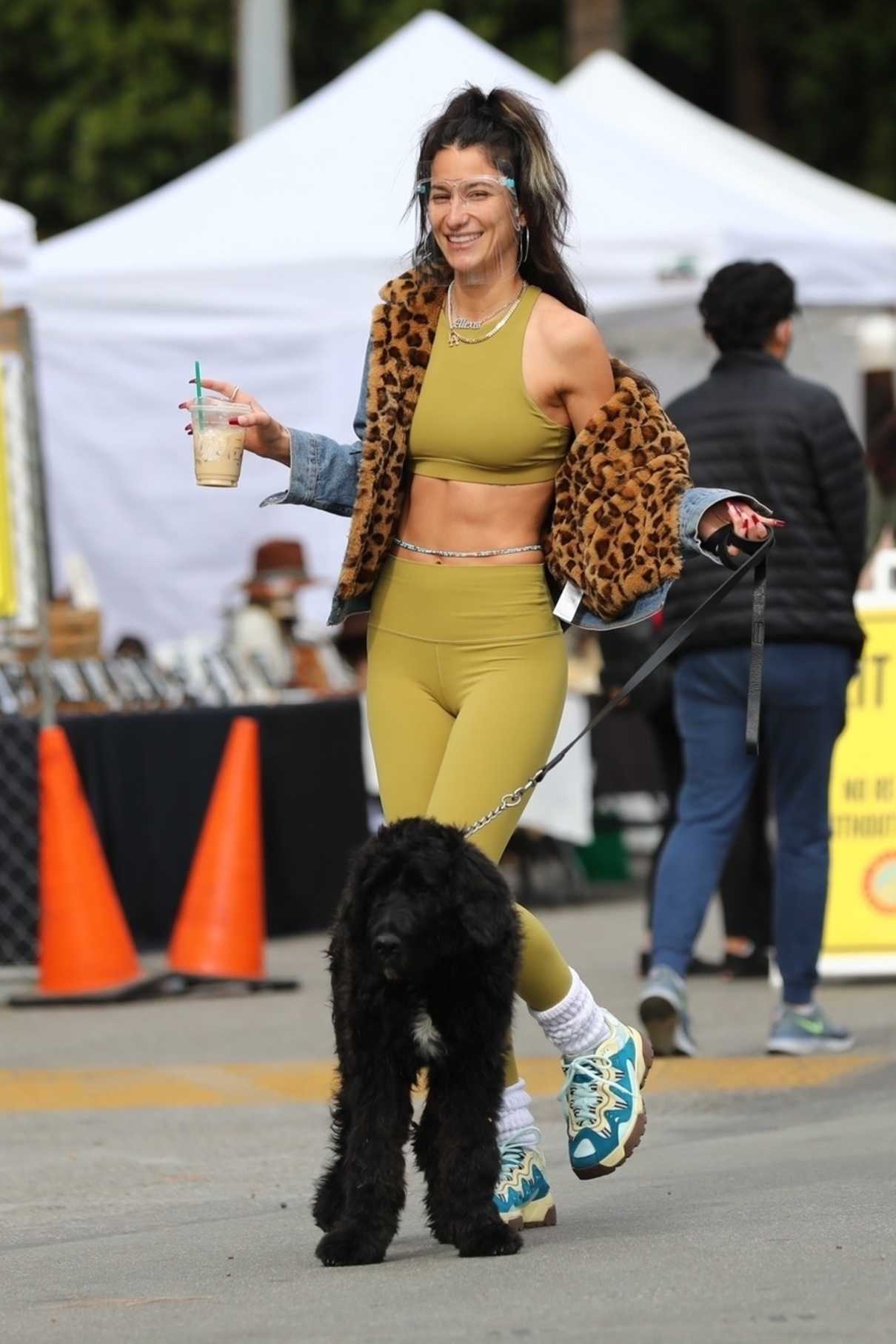 Lexy Panterra in an Olive Workout Ensemble Walks Her Dog in Los Angeles