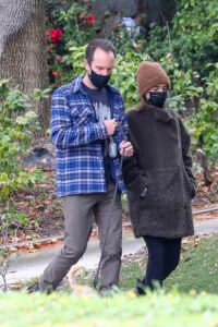 Lily Collins in a Tan Beanie Hat