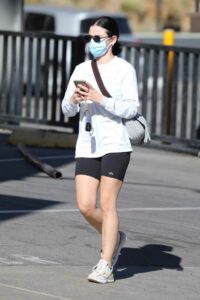 Lucy Hale in a Black Spandex Shorts