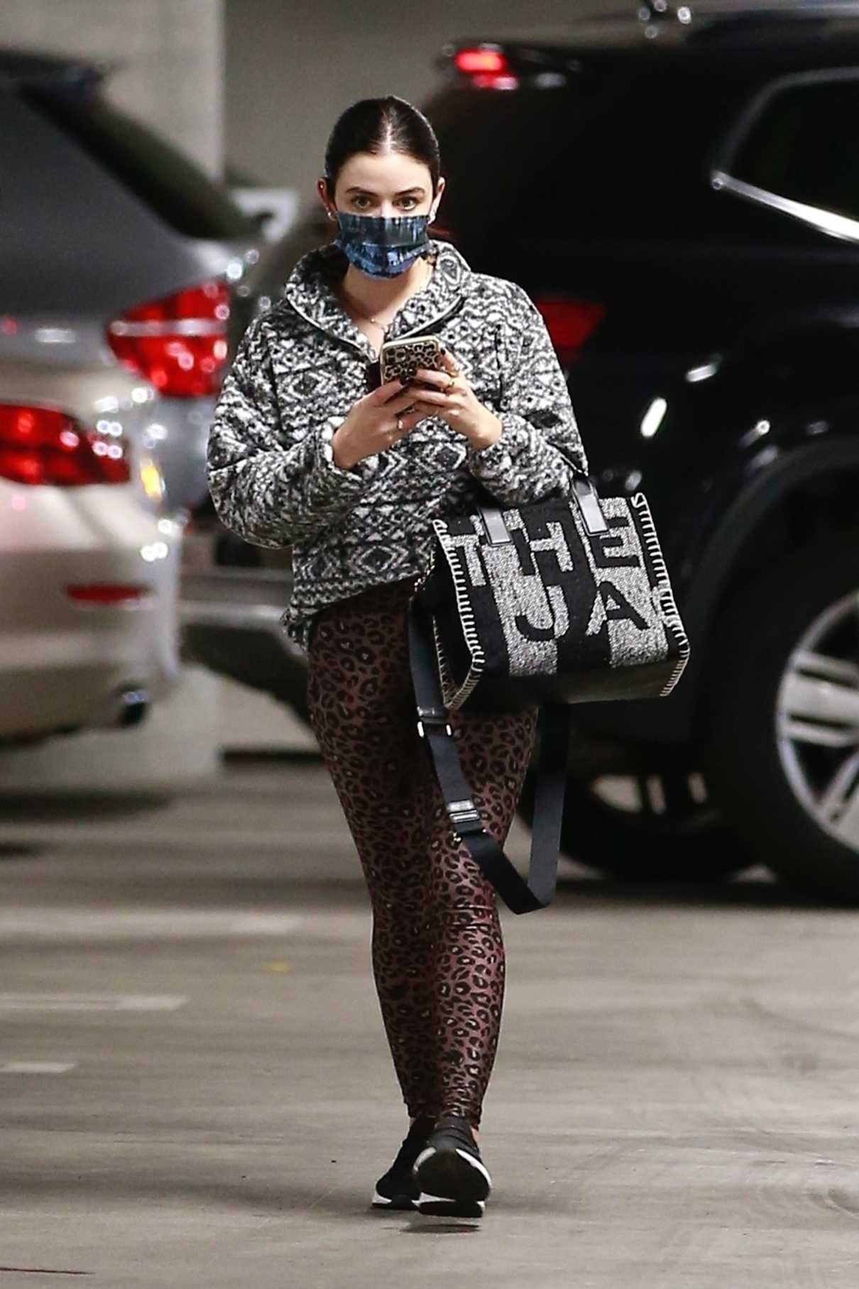 Lucy Hale in a Brown Animal Print Leggings Goes Shopping ...