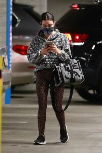 Lucy Hale in a Brown Animal Print Leggings