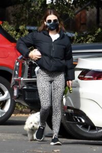 Lucy Hale in a Grey Animal Print Leggings Walks Her Dog Elvis in Los Feliz 01/28/2021