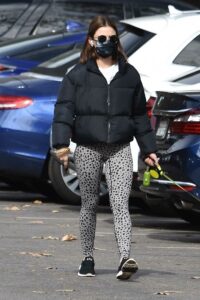 Lucy Hale in a Grey Animal Print Leggings Walks Her Dog Elvis in Los Feliz 01/28/2021