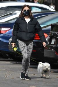 Lucy Hale in a Grey Animal Print Leggings Walks Her Dog Elvis in Los Feliz 01/28/2021