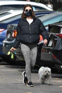 Lucy Hale in a Grey Animal Print Leggings Walks Her Dog Elvis in Los Feliz 01/28/2021