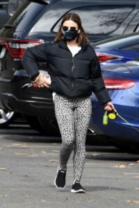 Lucy Hale in a Grey Animal Print Leggings Walks Her Dog Elvis in Los Feliz 01/28/2021