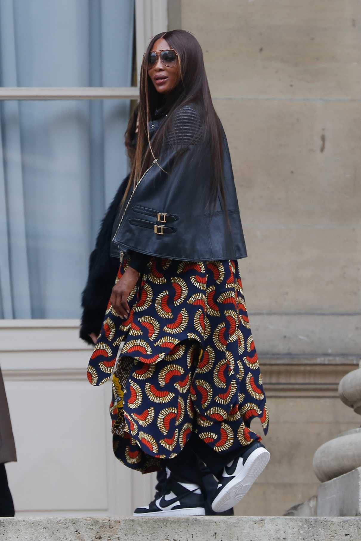 Naomi Campbell in a Black Leather Jacket Arrives at the Fendi Show at