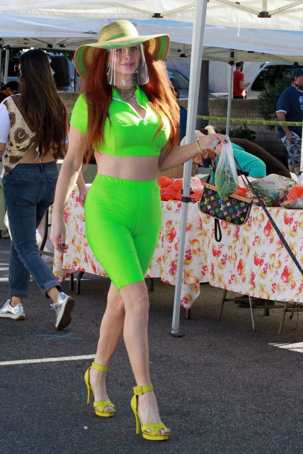 Phoebe Price in a Neon Green Outfit Goes Shopping at the Farmers Market