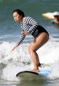 Priscilla Chan in a Black and White Swimsuit