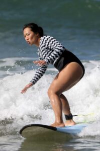 Priscilla Chan in a Black and White Swimsuit