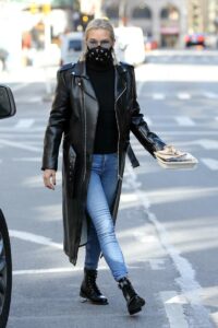 Yolanda Hadid in a Black Leather Coat