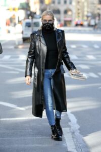 Yolanda Hadid in a Black Leather Coat