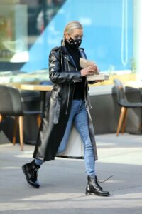 Yolanda Hadid in a Black Leather Coat