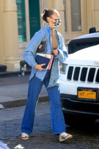 Bella Hadid in a Blue Denim Shirt Was Seen Out in New York 02/25/2021