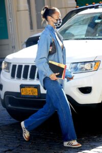 Bella Hadid in a Blue Denim Shirt