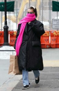 Bella Hadid in Black Puffer Coat