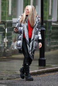 Caprice Bourret in a Grey Puffer Jacket