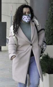 Dani Harmer in a Beige Coat