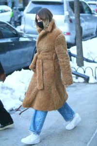 Hailey Bieber in a Beige Fur Coat