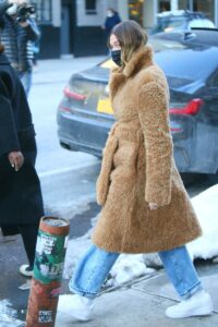 Hailey Bieber in a Beige Fur Coat