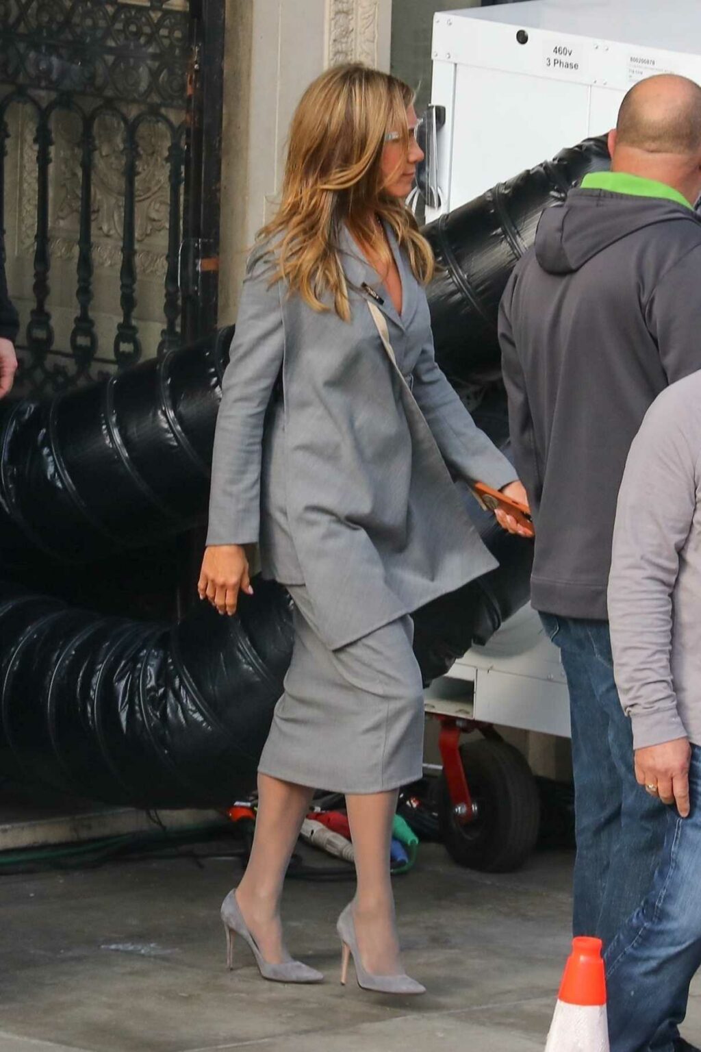 Jennifer Aniston in a Grey Suit on the Set of The Morning Show in Los ...