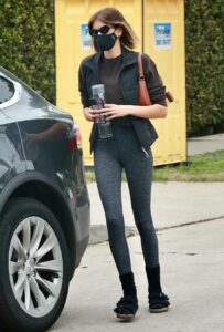 Kaia Gerber in a Grey Leggings