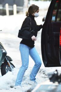 Lily-Rose Depp in a Black Bomber Jacket