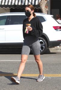 Lucy Hale in a Grey Spandex Shorts